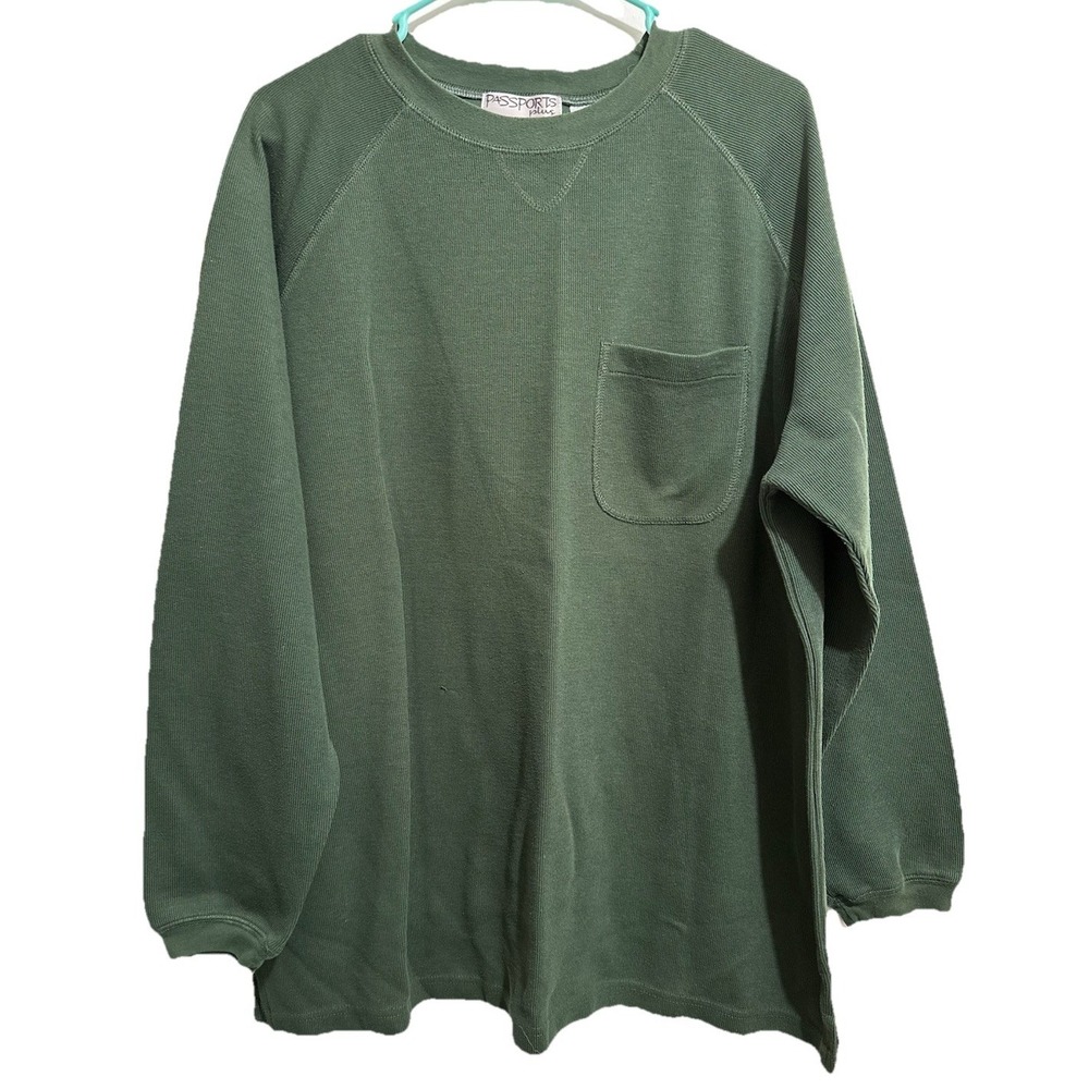 Passports Plus Essential Long Sleeve Ponte Crewneck Sweatshirt Dark Green Pocket